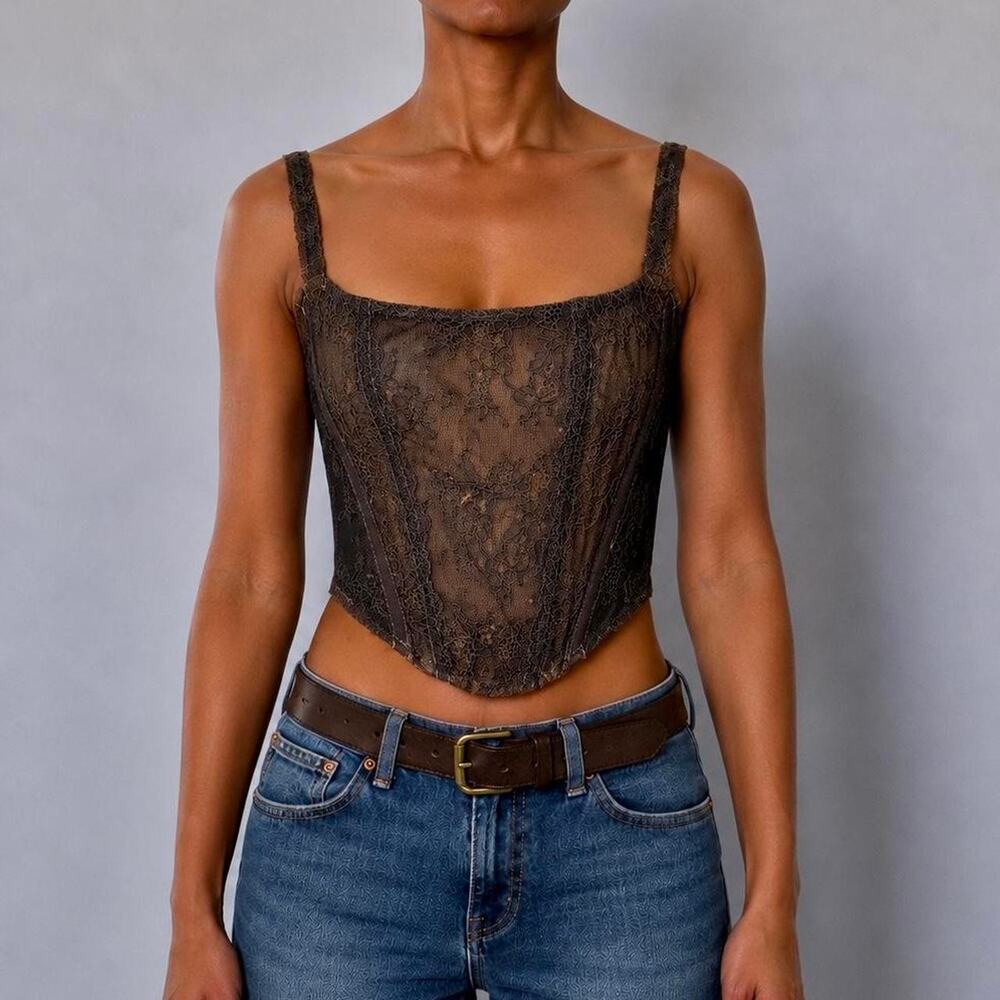 Vintage Romantic Twee Brown Lace Corset Bustier Peasant Victorian Tank Size S